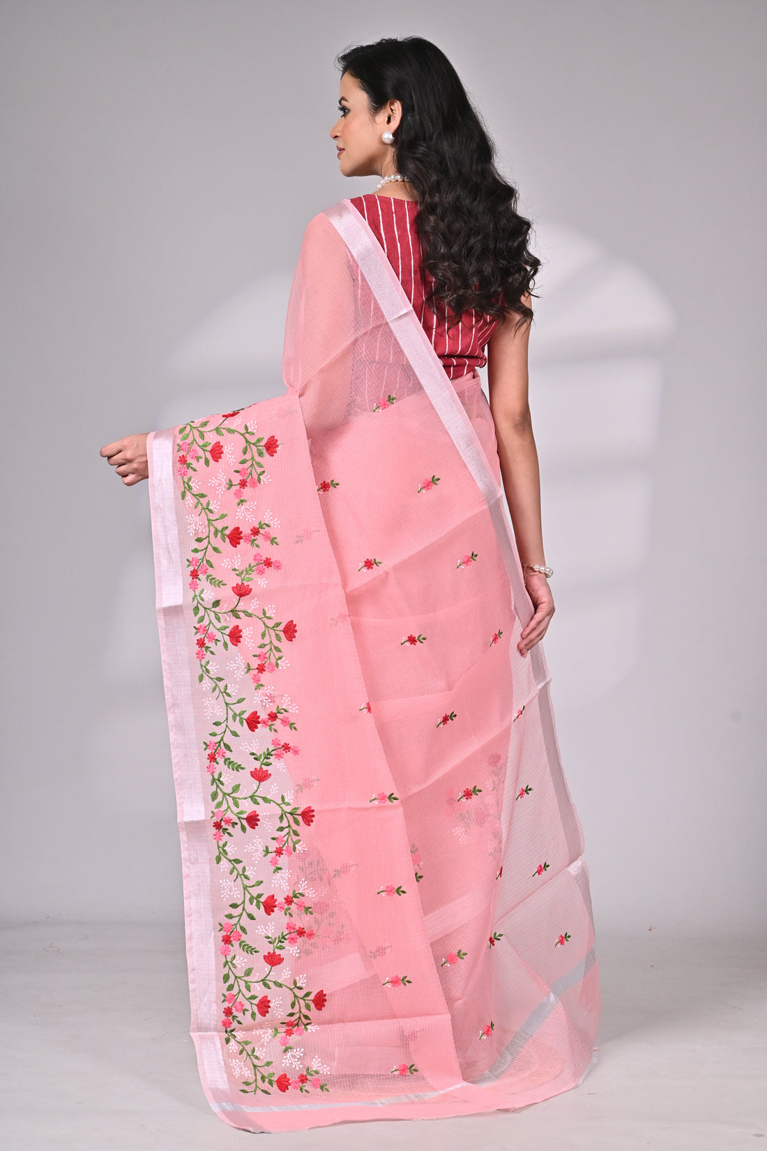 Pastel Pink Kota Doria Saree with Delicate Embroidery