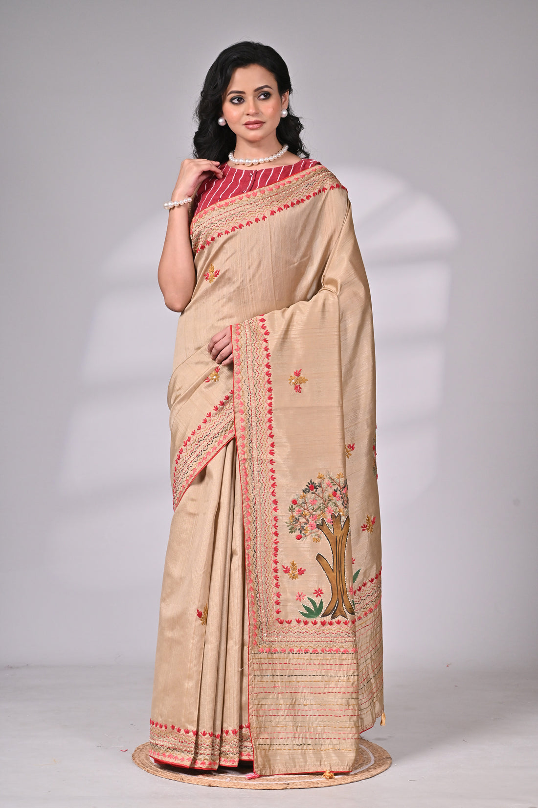 Premium Semi Tussar Saree with Exquisite Hand Embroidery-Beige