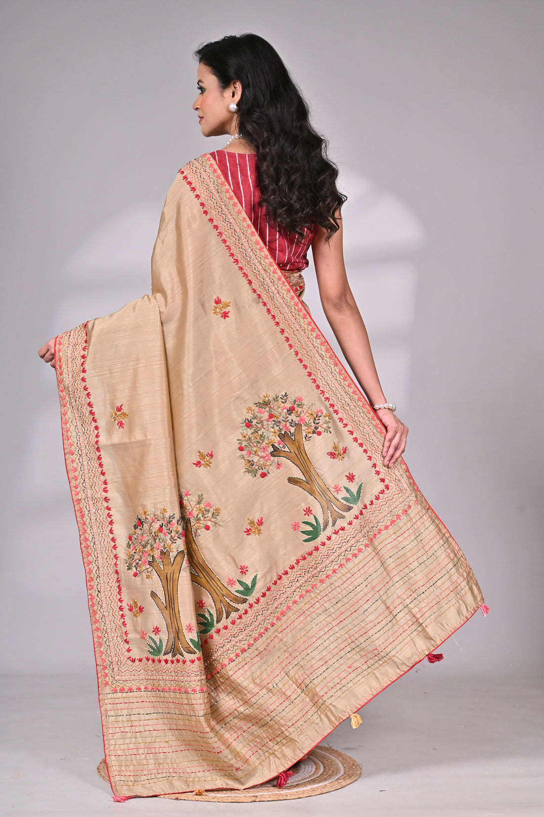 Premium Semi Tussar Saree with Exquisite Hand Embroidery-Beige