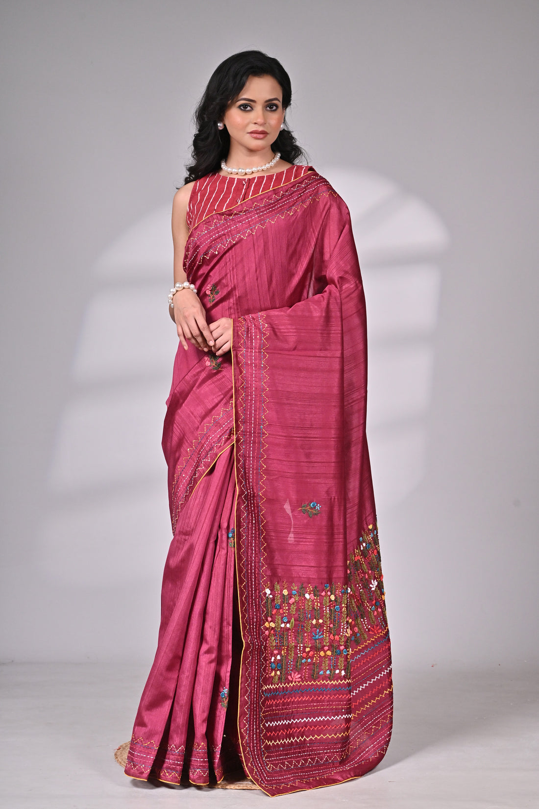 Wine Semi Tussar Premium Saree with Hand Embroidery