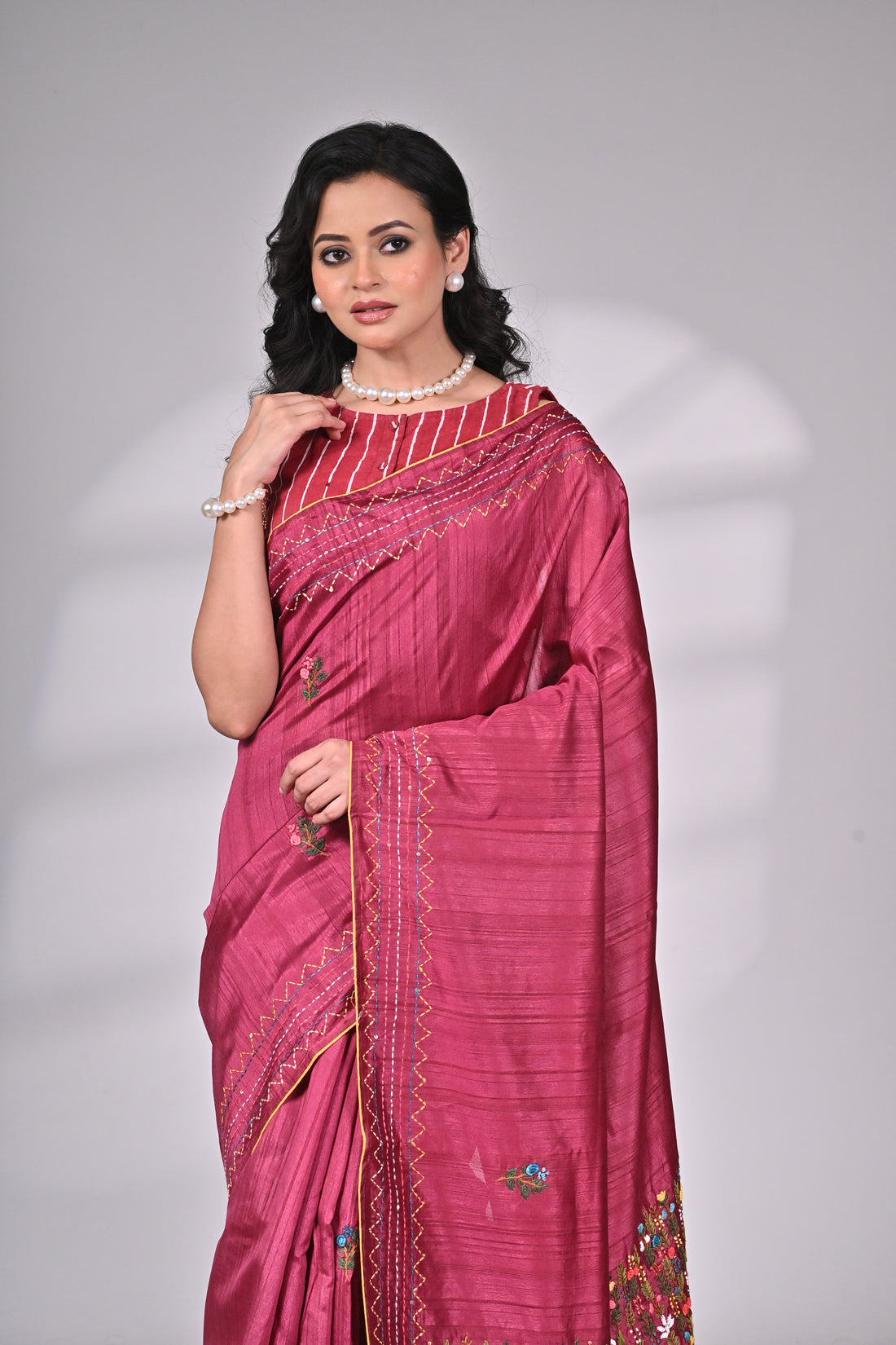 Wine Semi Tussar Premium Saree with Hand Embroidery