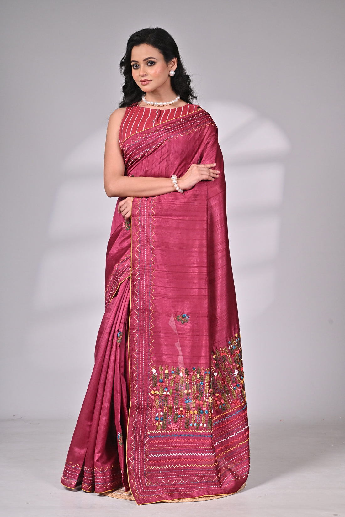 Wine Semi Tussar Premium Saree with Hand Embroidery