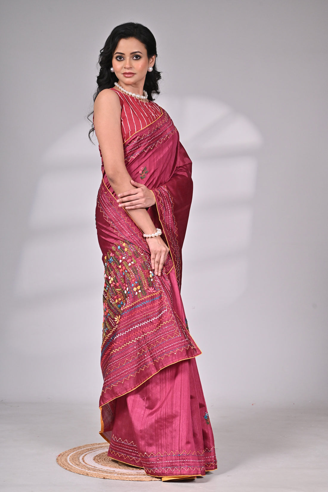 Wine Semi Tussar Premium Saree with Hand Embroidery
