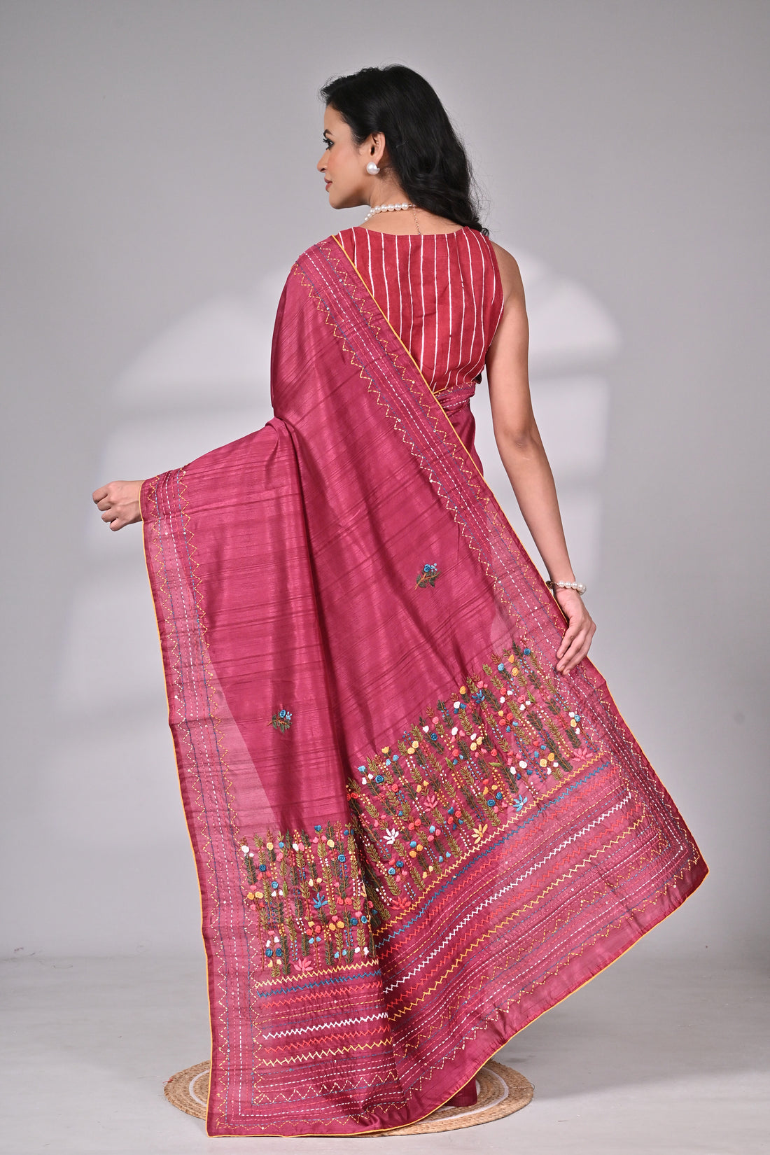 Wine Semi Tussar Premium Saree with Hand Embroidery