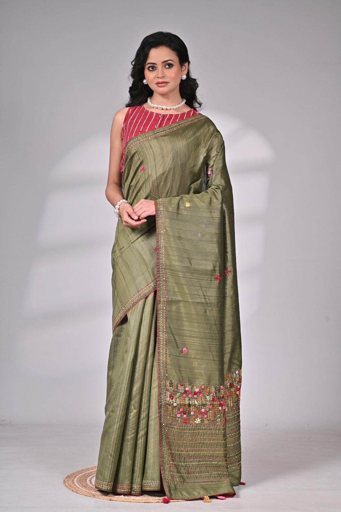 Olive Green Semi Tussar Premium Saree with Hand Embroidery