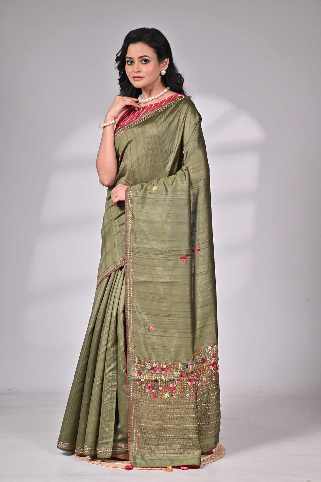 Olive Green Semi Tussar Premium Saree with Hand Embroidery