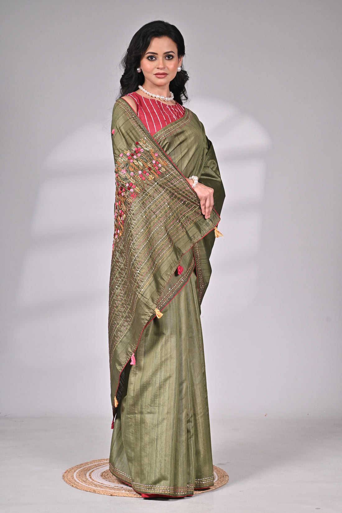Olive Green Semi Tussar Premium Saree with Hand Embroidery