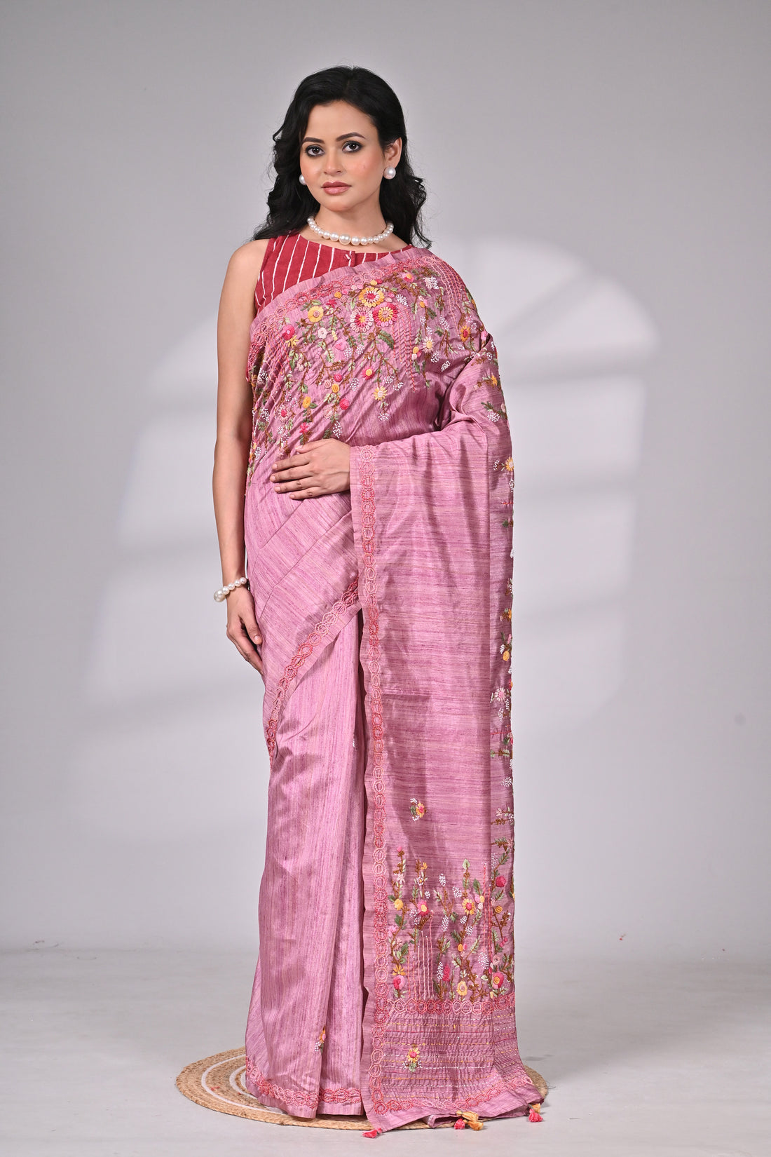Pink Semi Tussar Saree with Hand Embroidery – Premium Collection