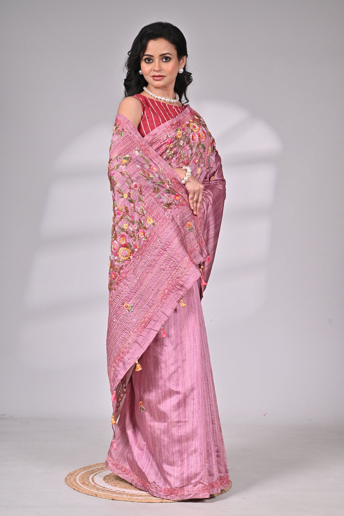 Pink Semi Tussar Saree with Hand Embroidery – Premium Collection