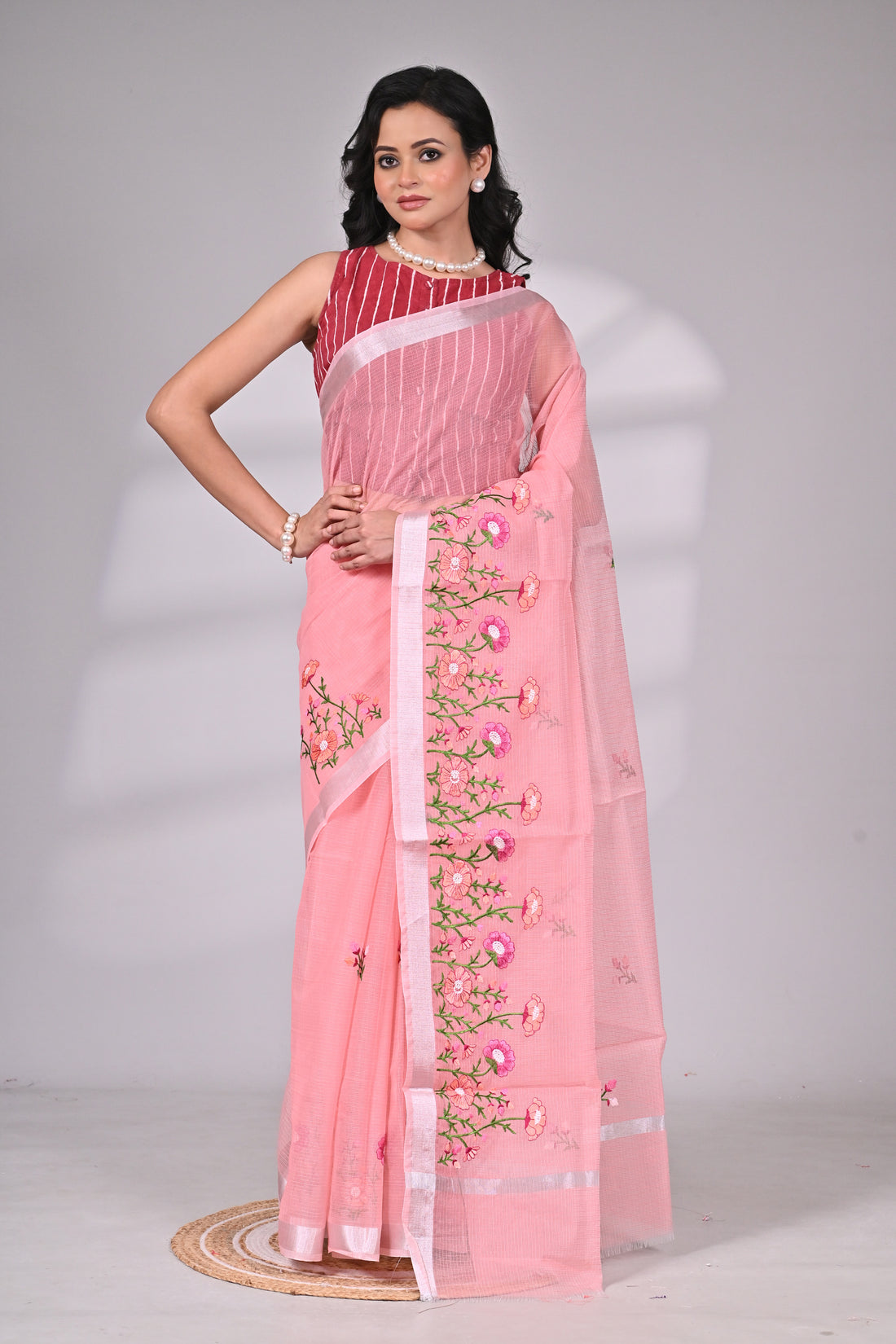Peach Kota Doria Saree with Embroidery