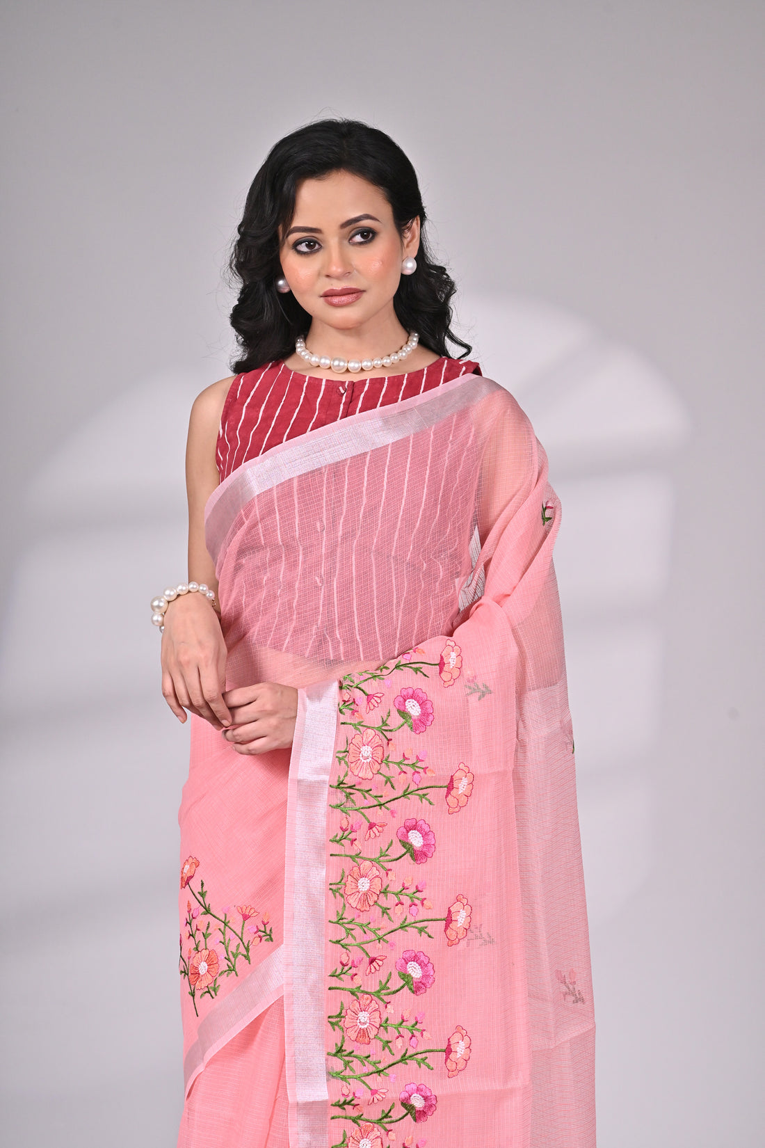 Peach Kota Doria Saree with Embroidery
