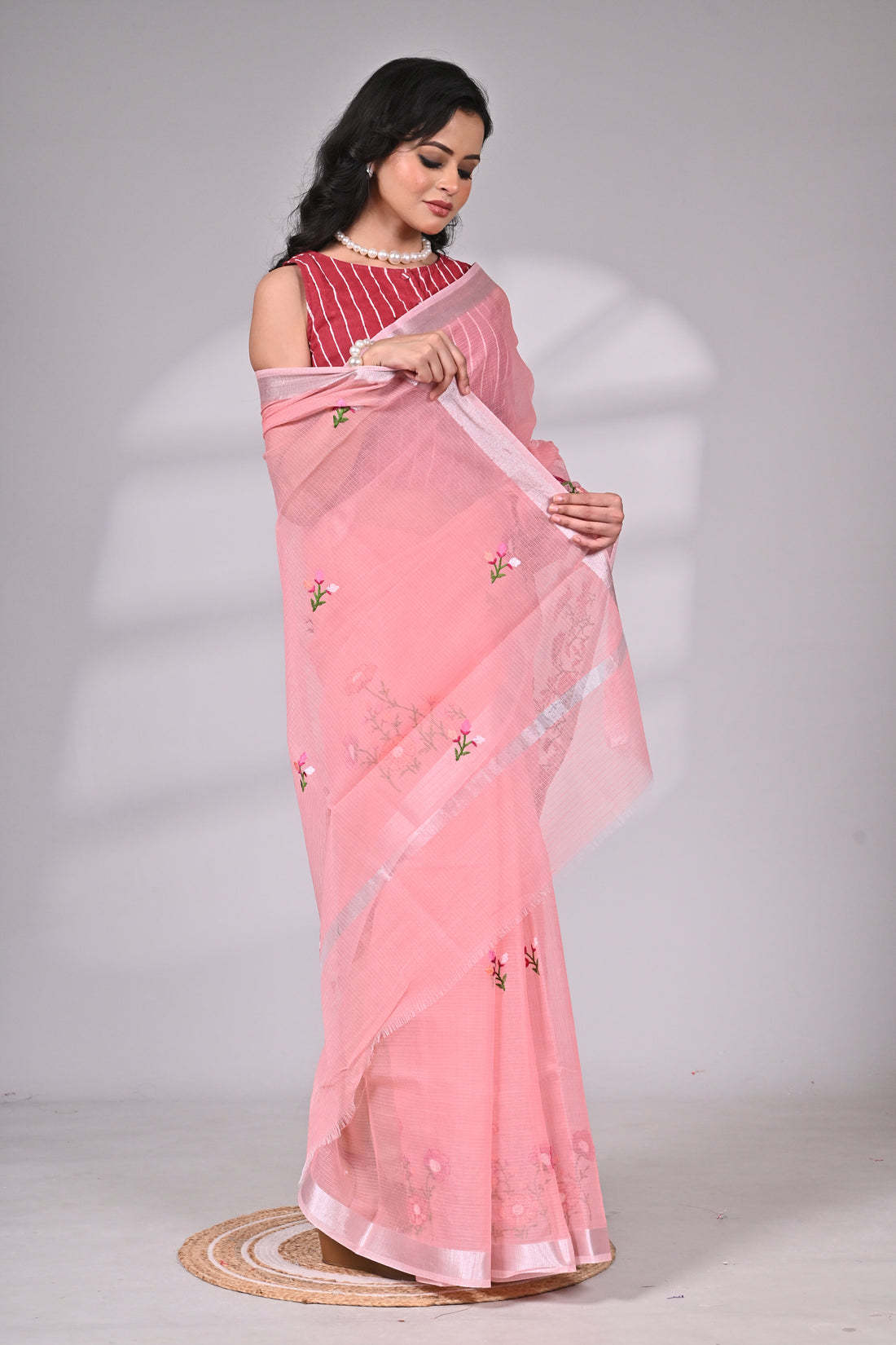 Peach Kota Doria Saree with Embroidery