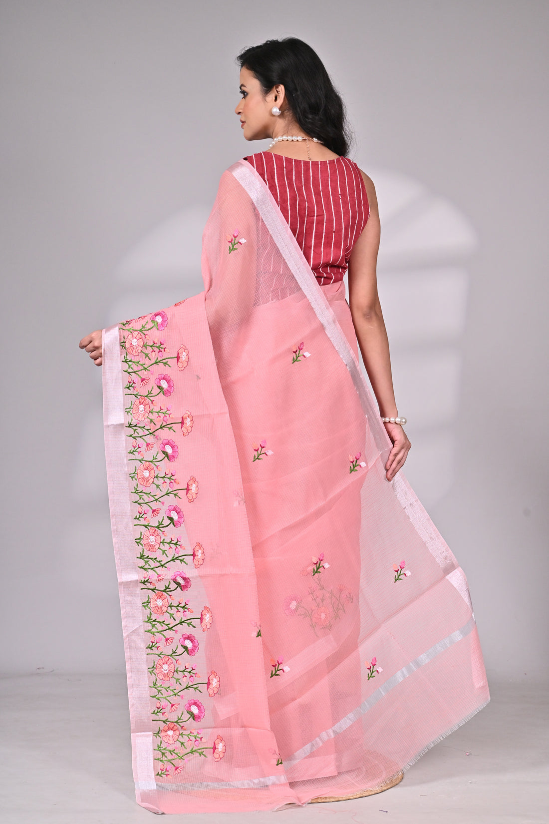 Peach Kota Doria Saree with Embroidery
