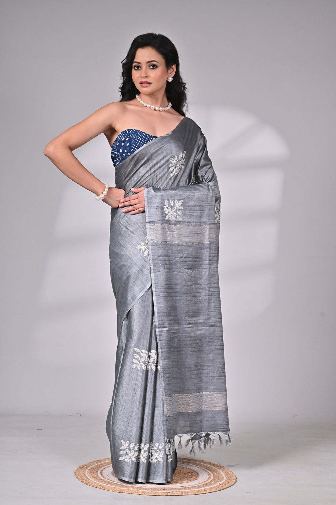 Soft Silk Saree in Grey with Elegant Embroidery