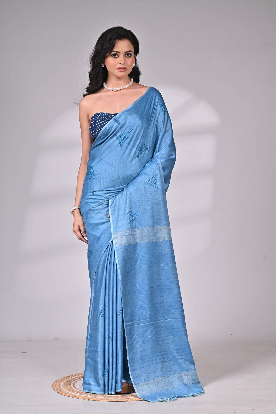 Soft Silk Saree in Sky Blue with Subtle Embroidery