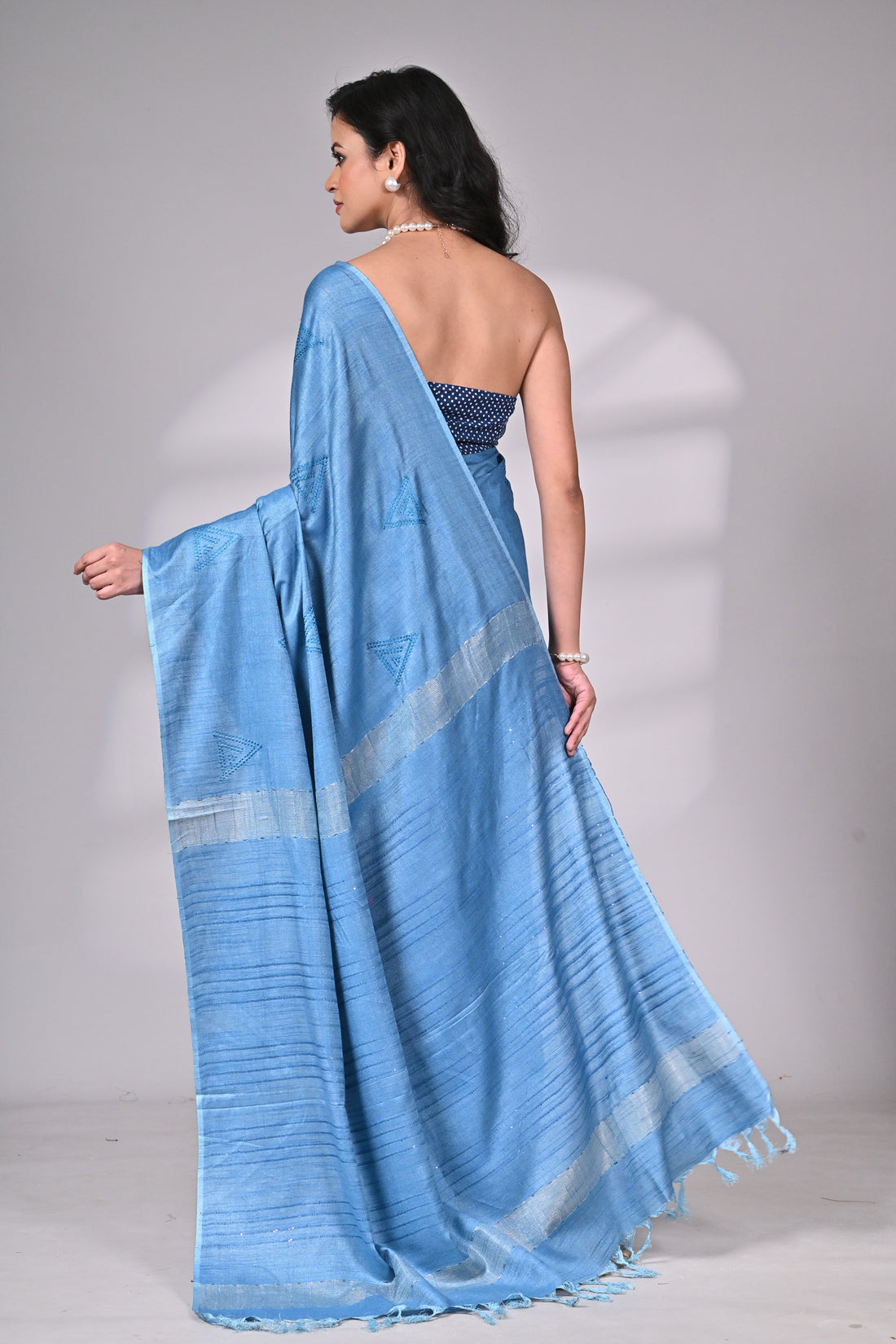 Soft Silk Saree in Sky Blue with Subtle Embroidery