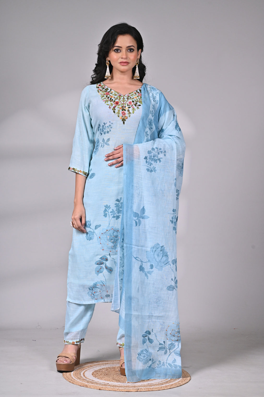 Powder Blue Mul Linen Hand Embroidered Suit Set with Floral Printed Dupatta