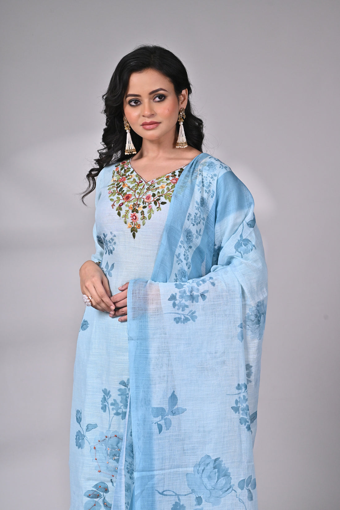 Powder Blue Mul Linen Hand Embroidered Suit Set with Floral Printed Dupatta