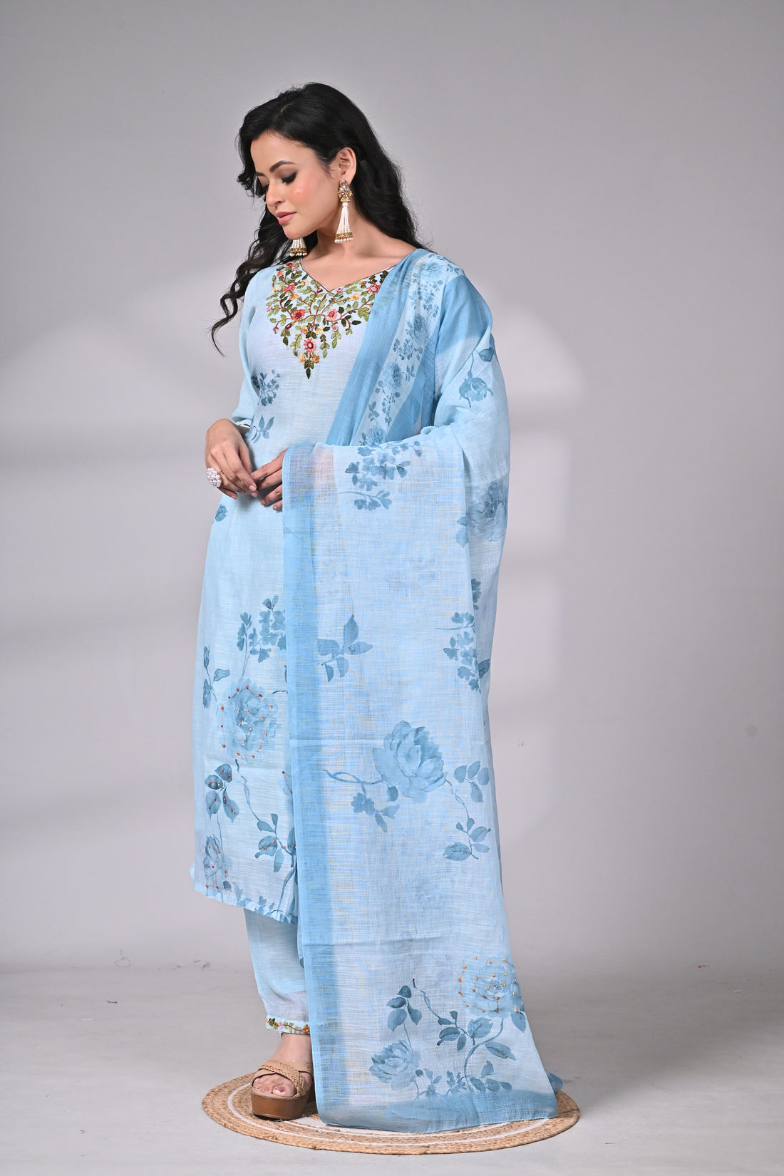 Powder Blue Mul Linen Hand Embroidered Suit Set with Floral Printed Dupatta
