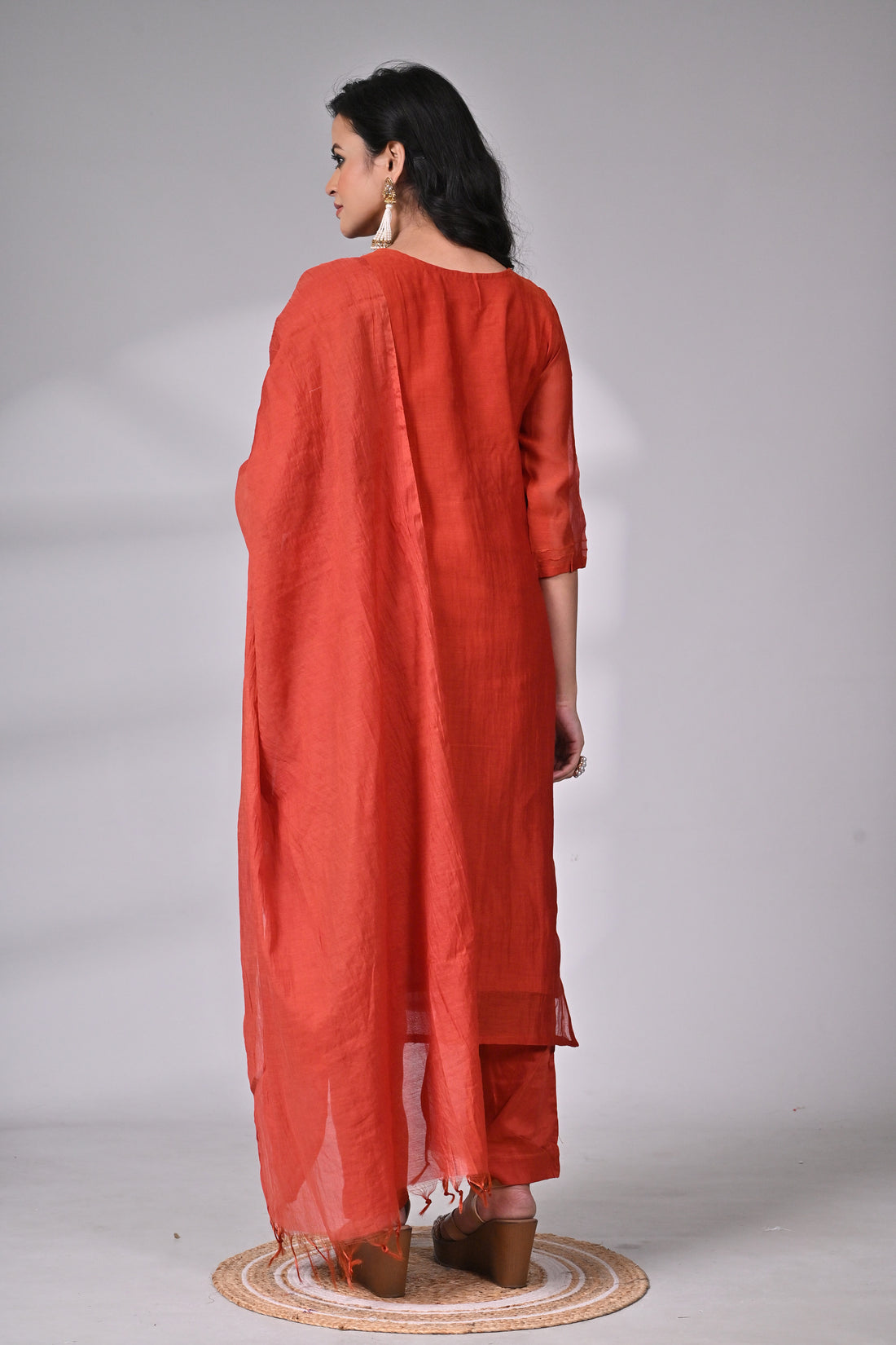 Rust Silk Blend Suit Set with Hand Embroidered Floral Kurta and Dupatta