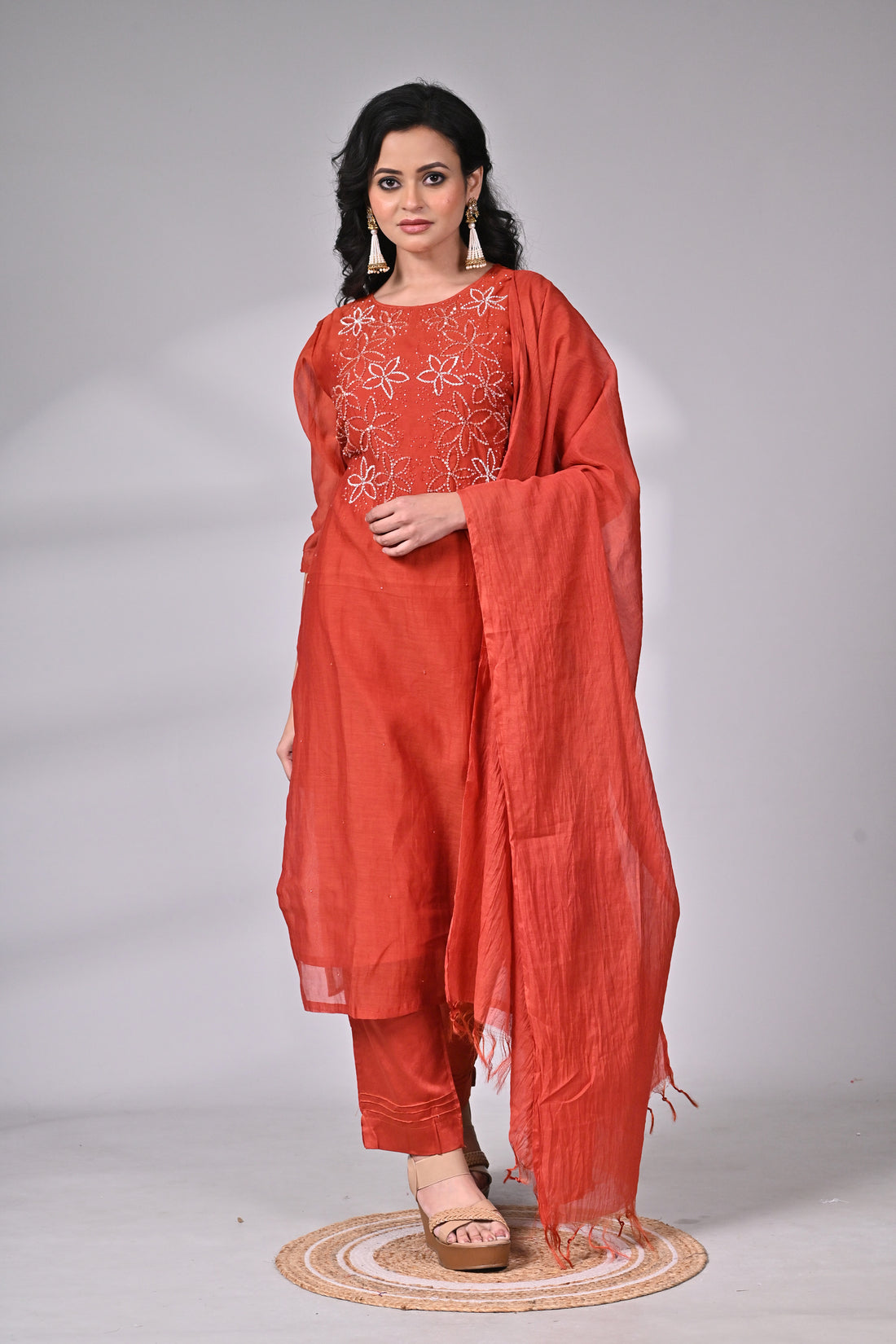 Rust Silk Blend Suit Set with Hand Embroidered Floral Kurta and Dupatta