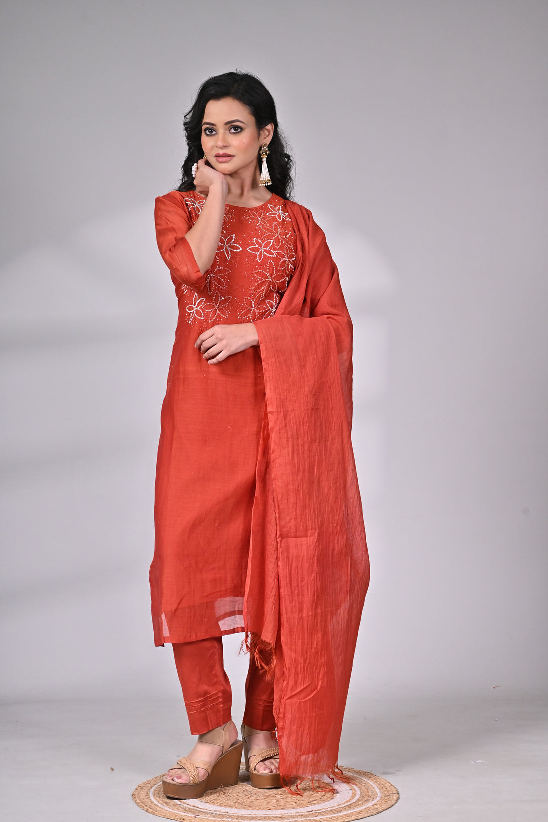 Rust Silk Blend Suit Set with Hand Embroidered Floral Kurta and Dupatta