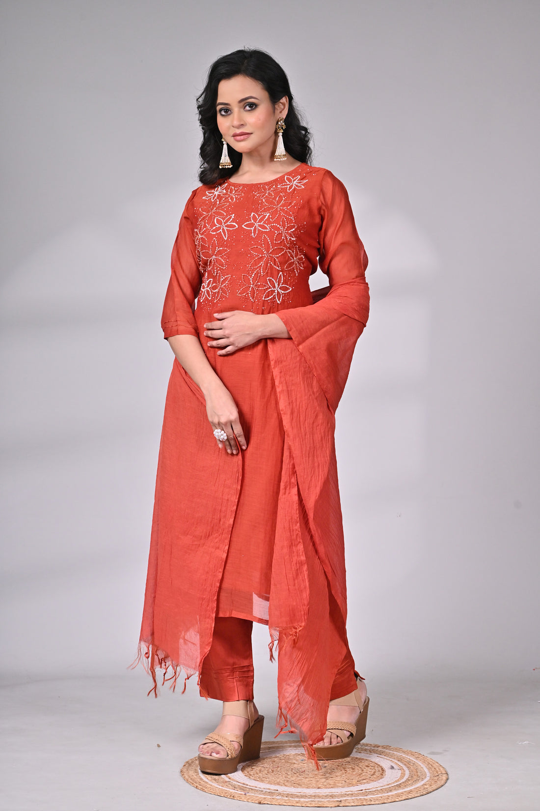 Rust Silk Blend Suit Set with Hand Embroidered Floral Kurta and Dupatta