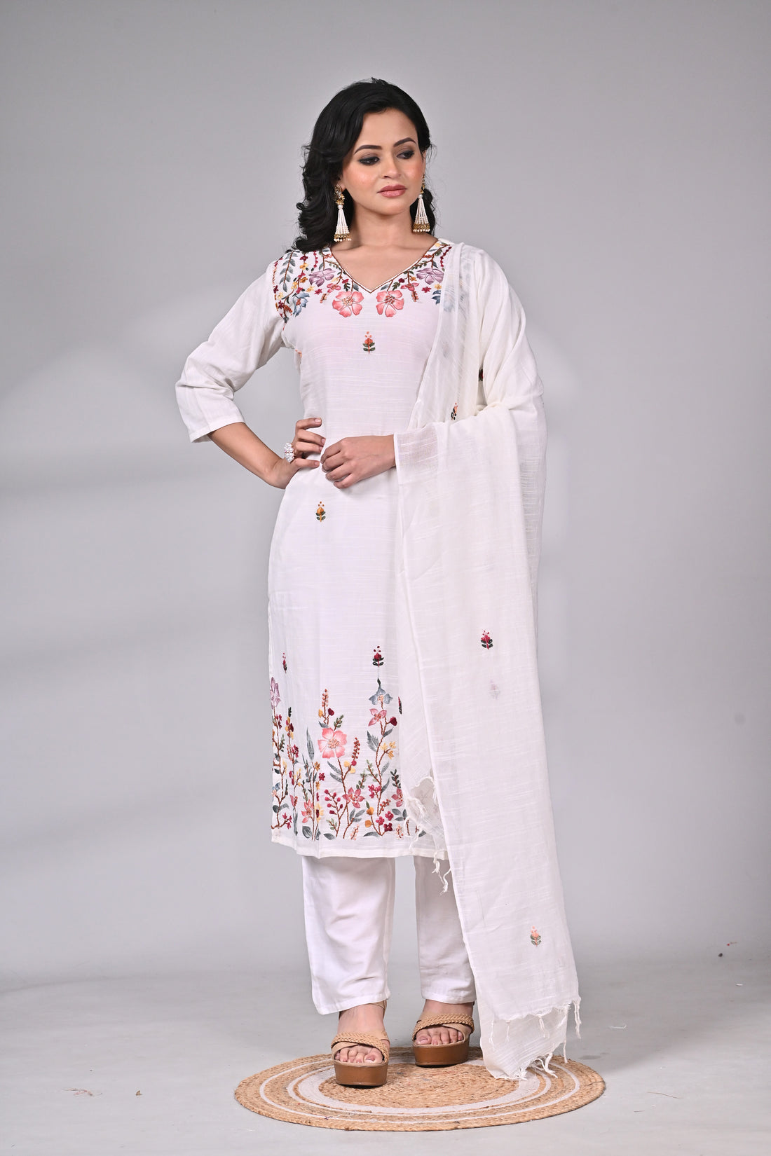 White Linen Cotton Hand Embroidered Suit Set with Floral Motifs