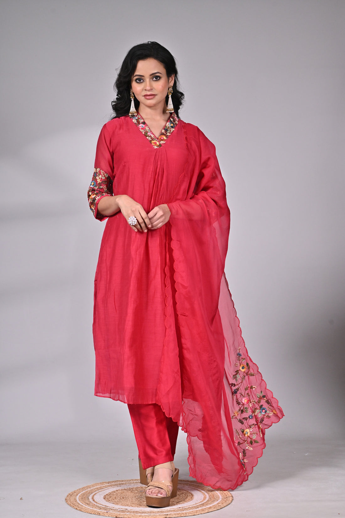Crimson Cotton-Silk Suit with Intricate Hand Embroidery