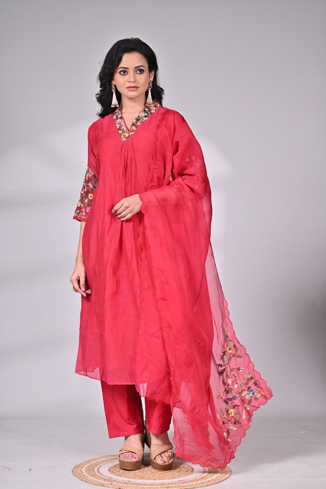 Crimson Cotton-Silk Suit with Intricate Hand Embroidery