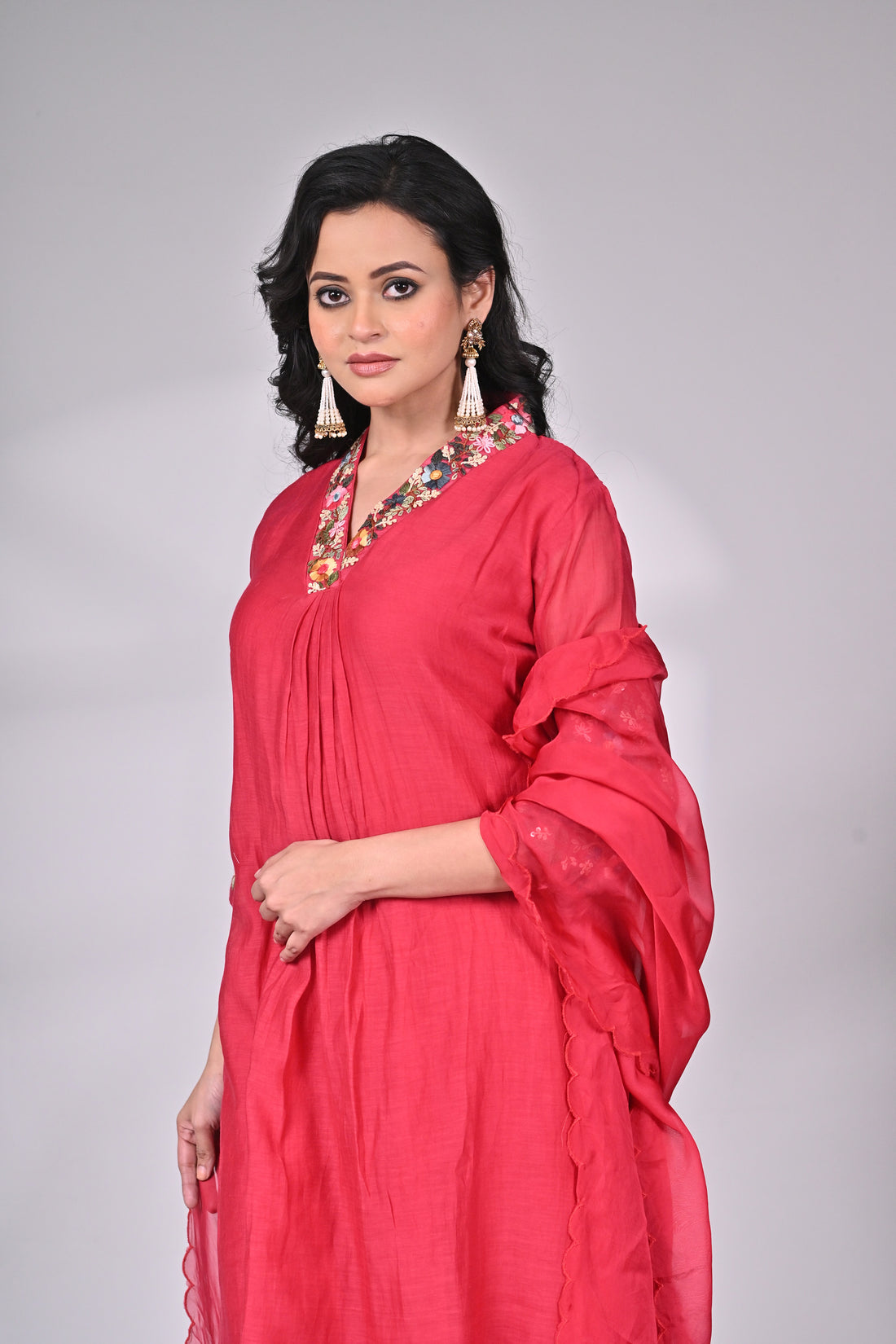 Crimson Cotton-Silk Suit with Intricate Hand Embroidery