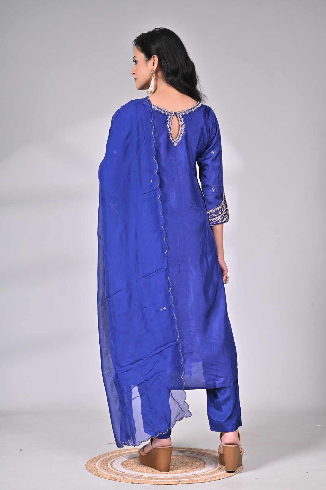 Royal Blue Silk Blend Hand Zari Embroidered Suit Set