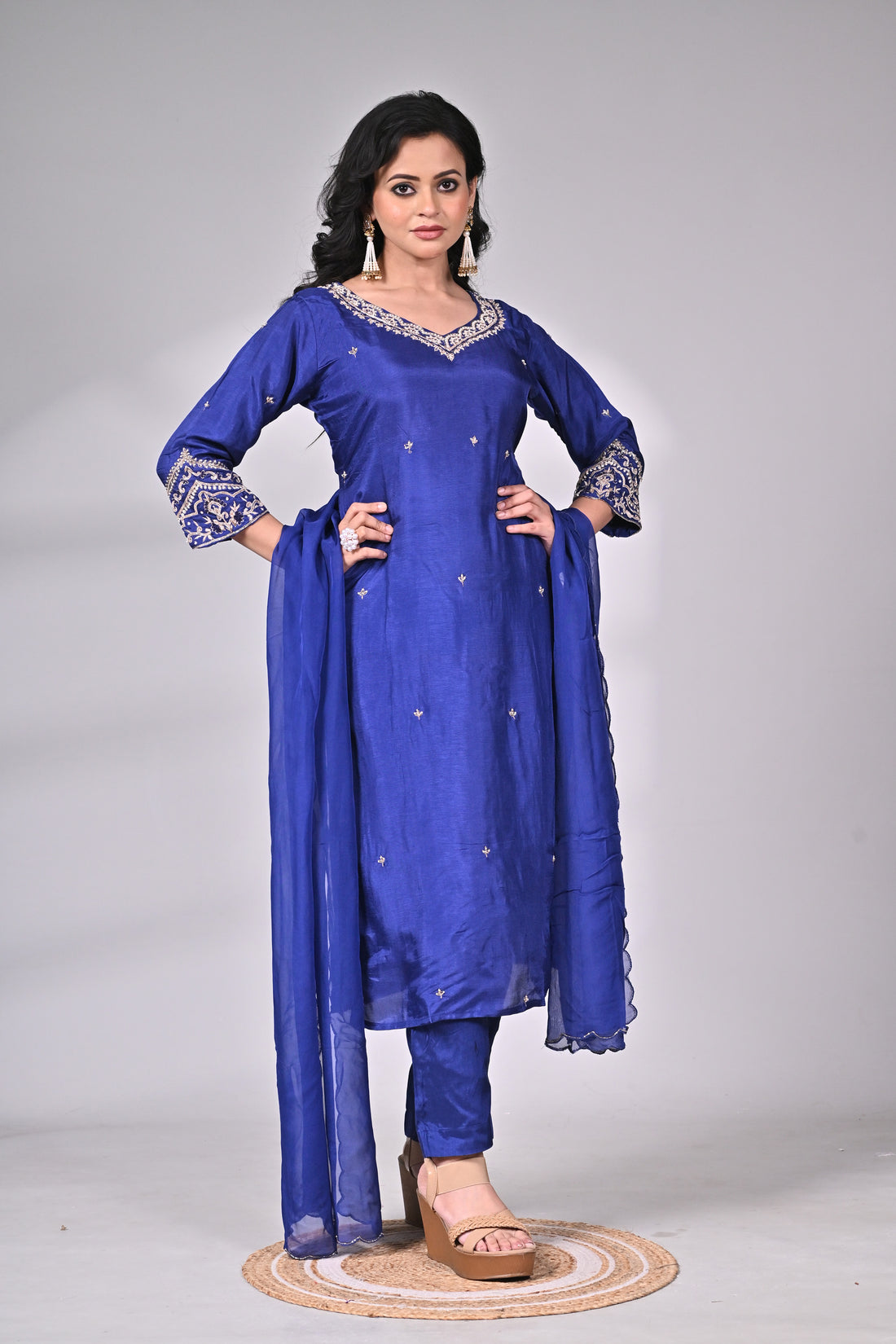 Royal Blue Silk Blend Hand Zari Embroidered Suit Set