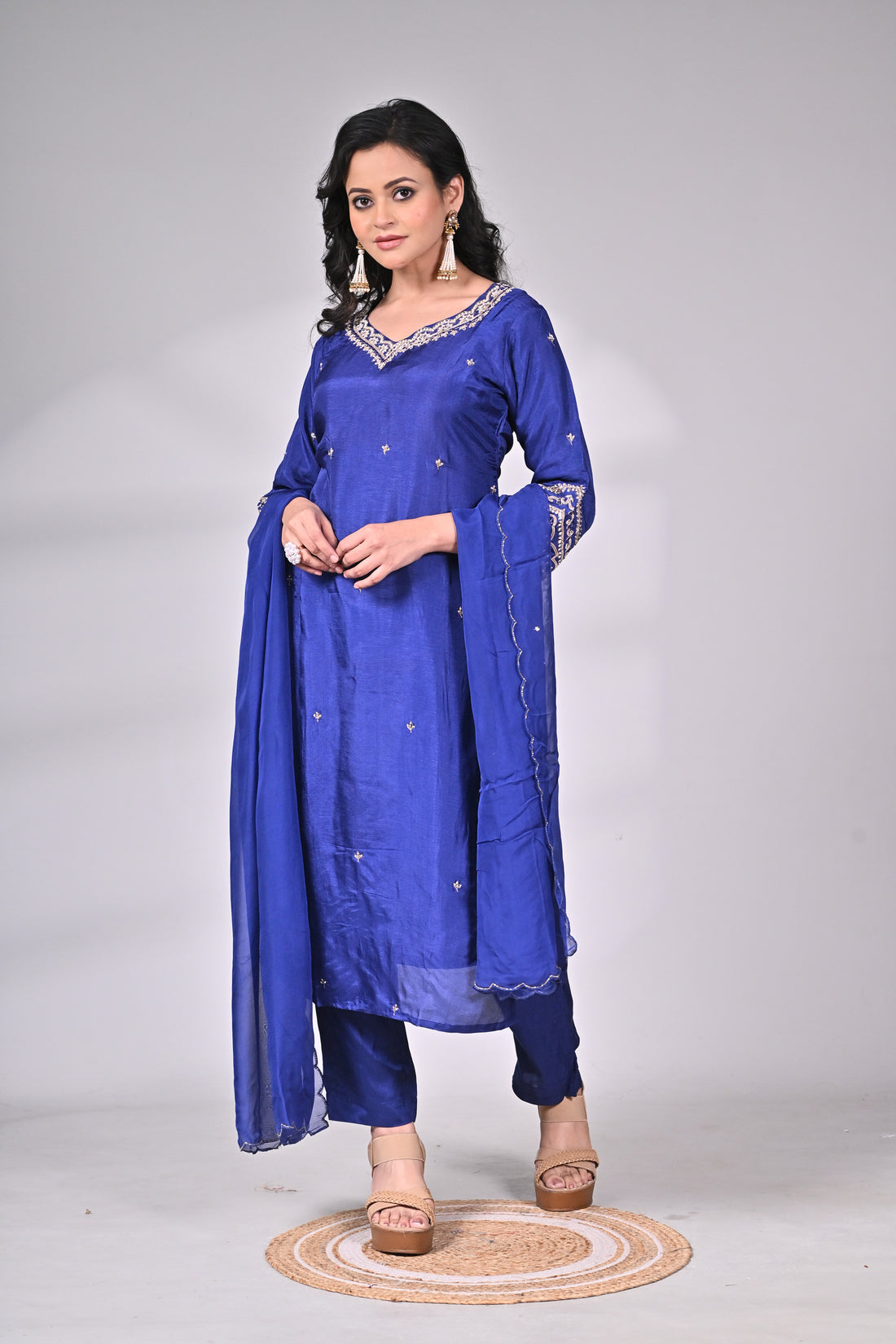 Royal Blue Silk Blend Hand Zari Embroidered Suit Set