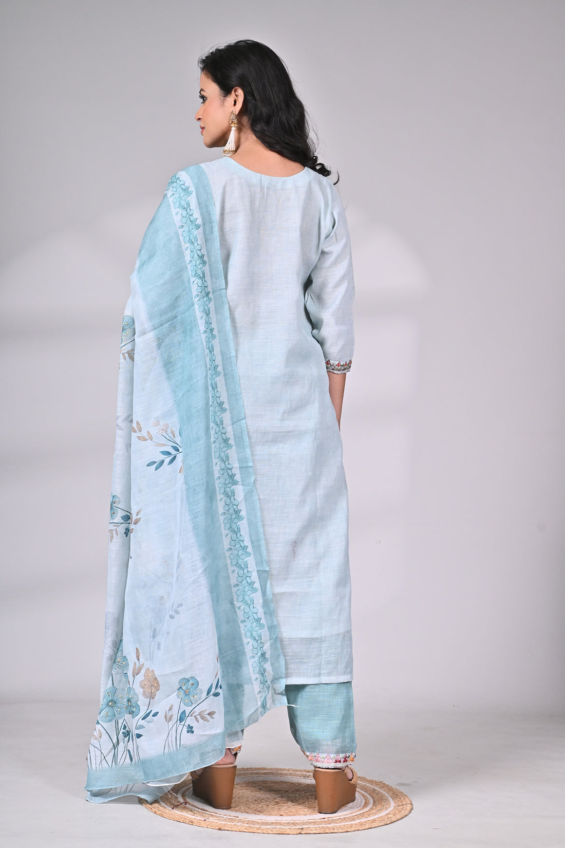 Sky Blue Mul Linen Hand Embroidered Suit Set with Floral Printed Dupatta