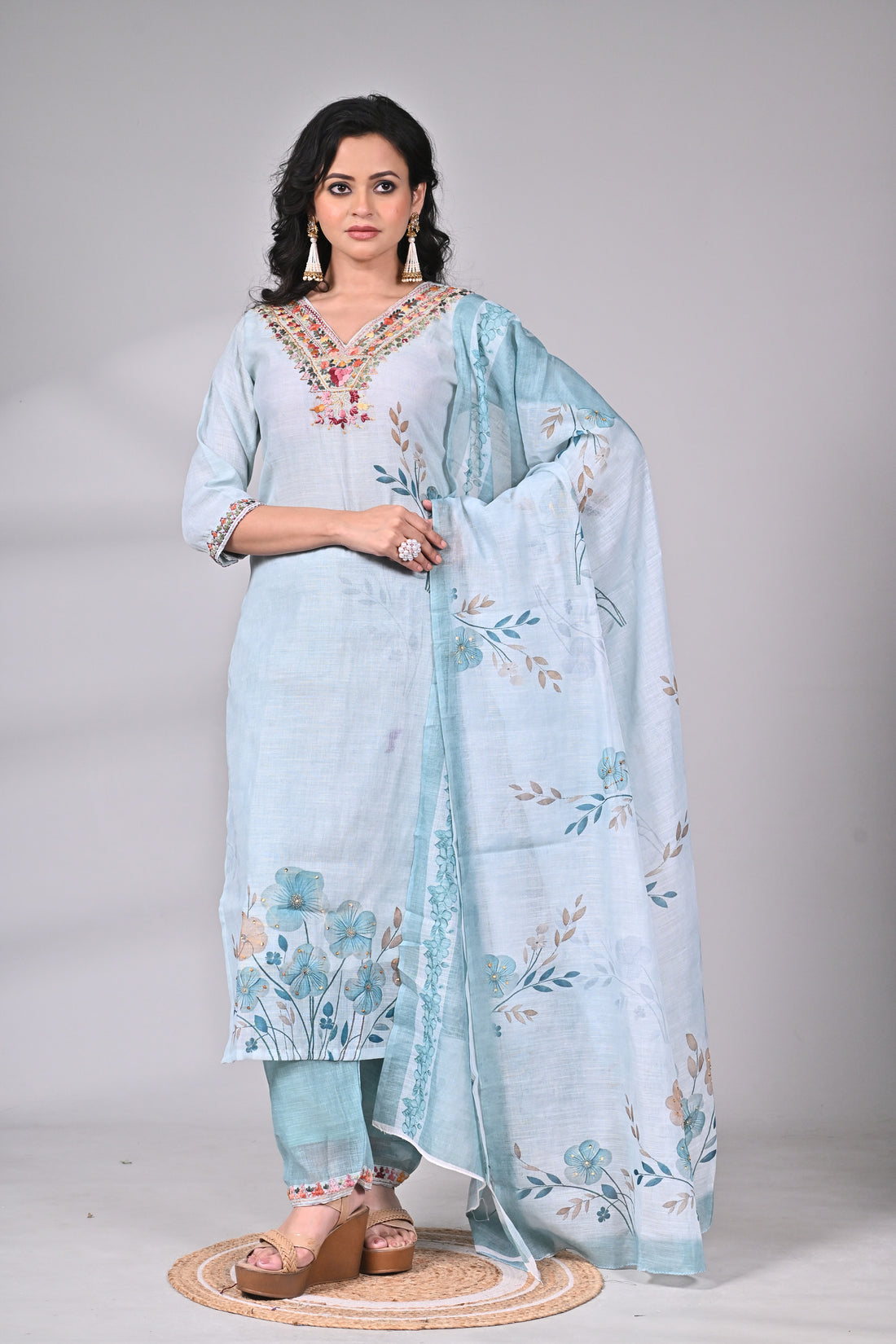 Sky Blue Mul Linen Hand Embroidered Suit Set with Floral Printed Dupatta