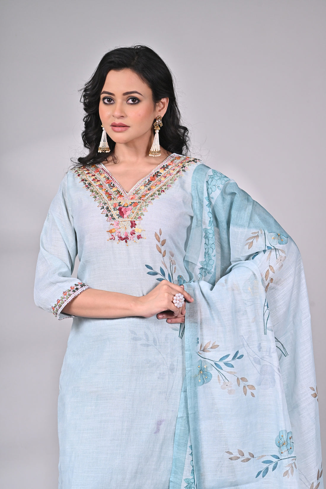 Sky Blue Mul Linen Hand Embroidered Suit Set with Floral Printed Dupatta