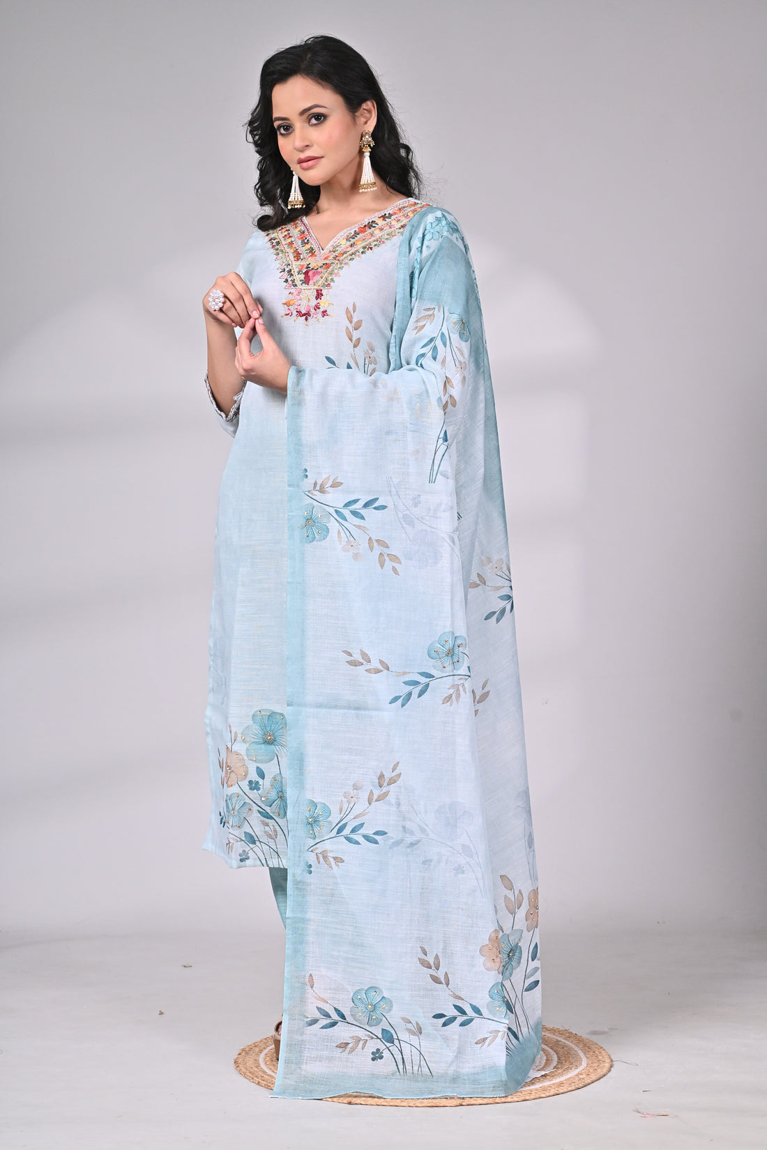 Sky Blue Mul Linen Hand Embroidered Suit Set with Floral Printed Dupatta