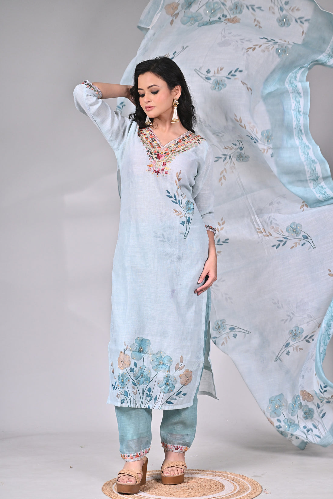 Sky Blue Mul Linen Hand Embroidered Suit Set with Floral Printed Dupatta