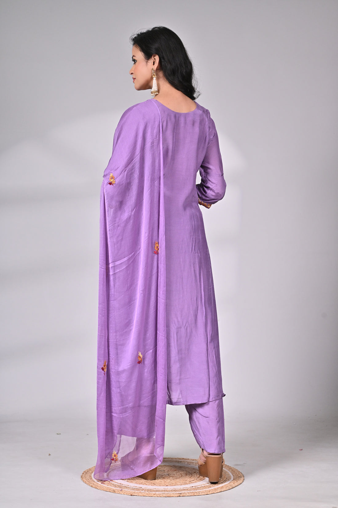 Lavender Muslin Silk Suit Set with Appliqué and Hand Embroidery