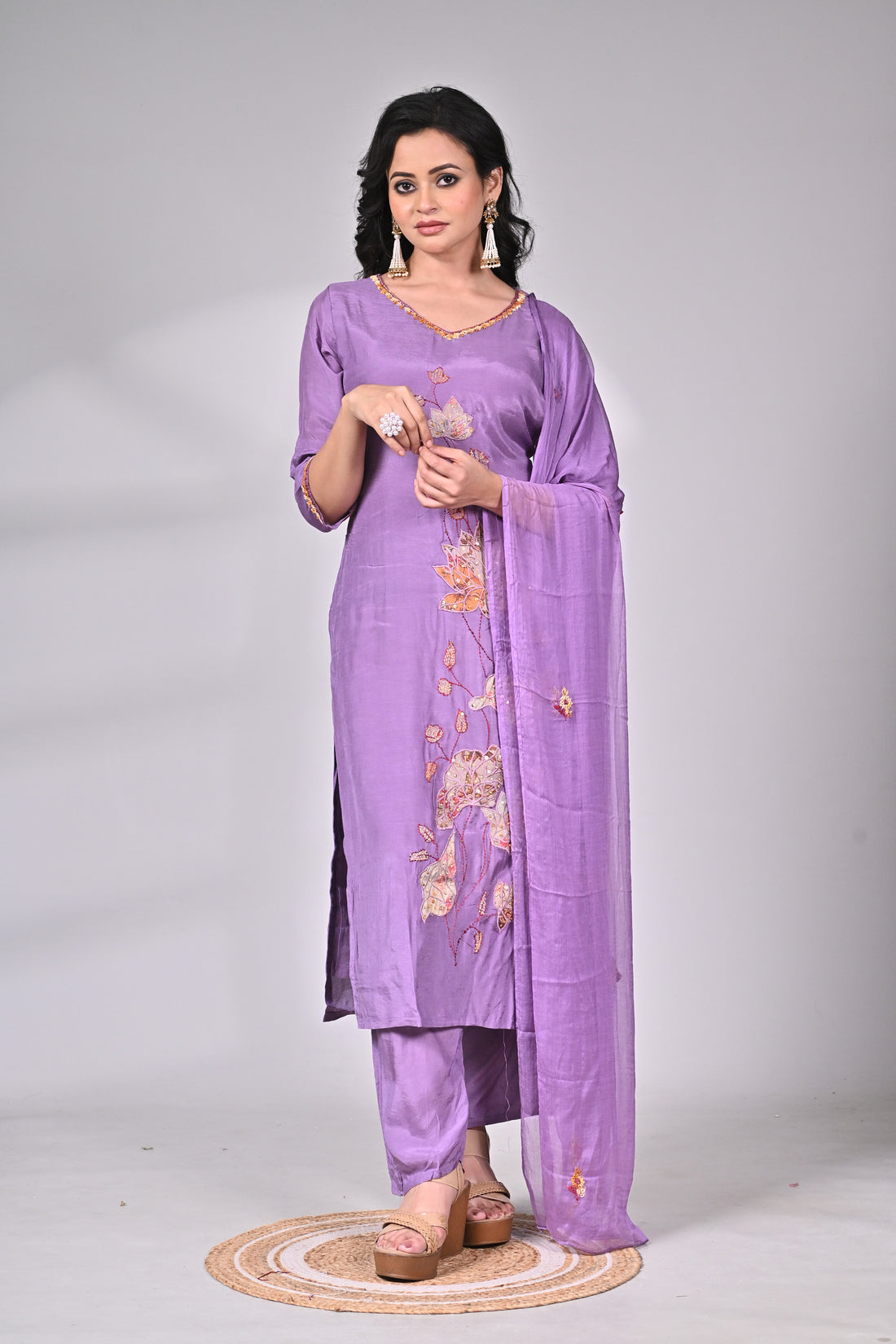 Lavender Muslin Silk Suit Set with Appliqué and Hand Embroidery