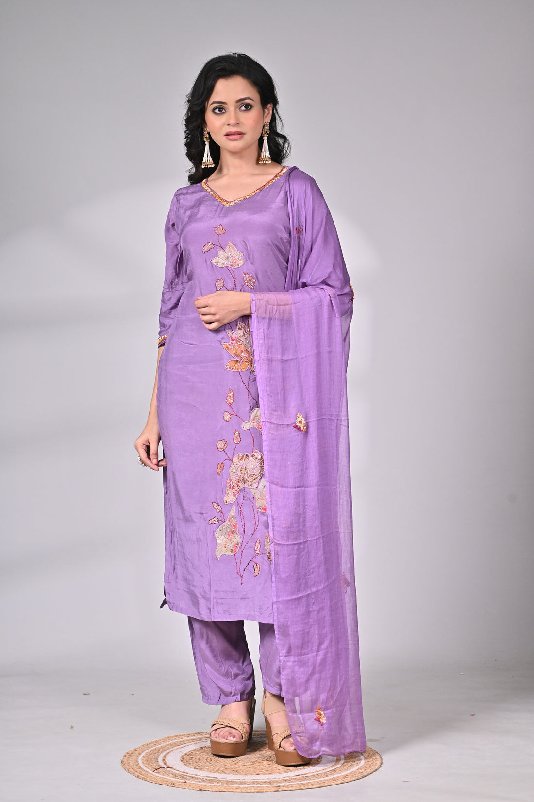 Lavender Muslin Silk Suit Set with Appliqué and Hand Embroidery