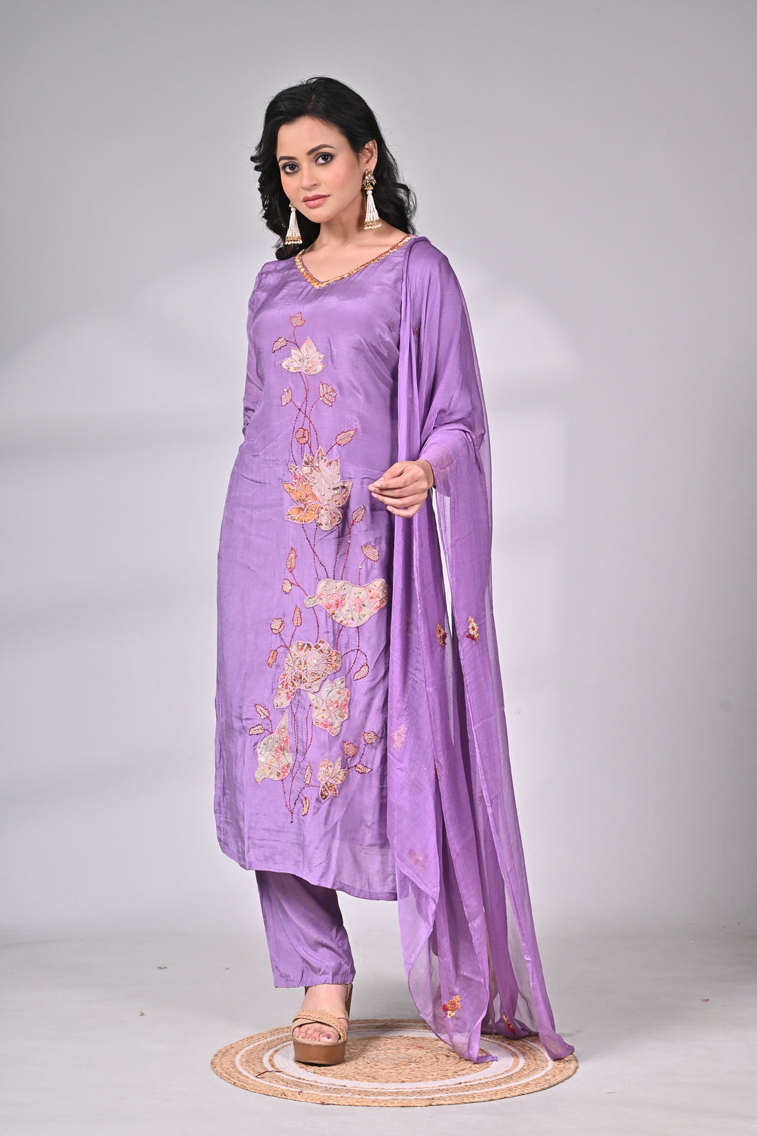 Lavender Muslin Silk Suit Set with Appliqué and Hand Embroidery