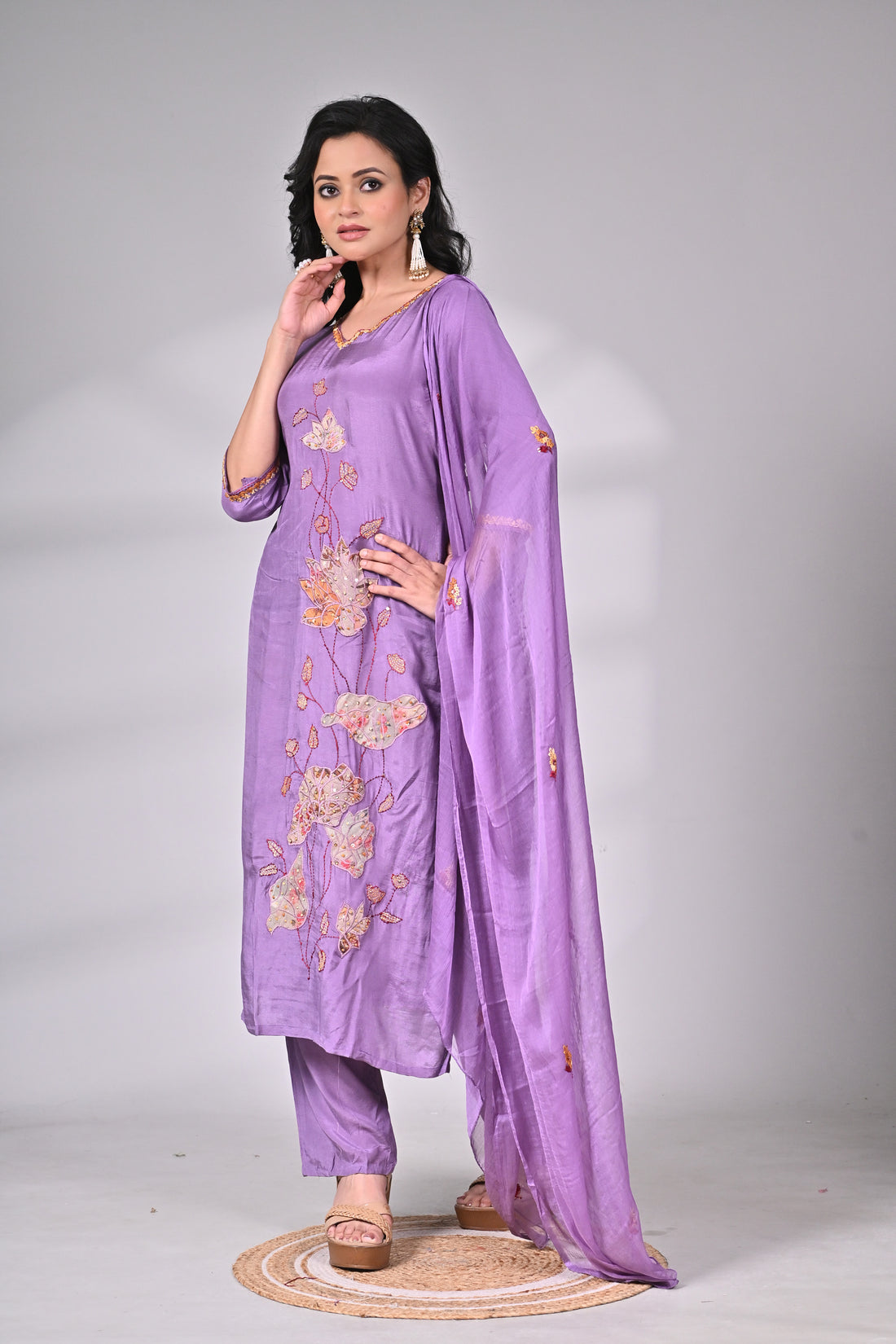Lavender Muslin Silk Suit Set with Appliqué and Hand Embroidery