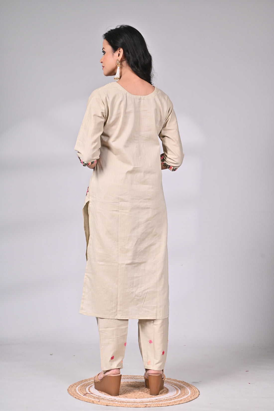 Beige Cotton Suit Set with All-Over Hand Embroidery