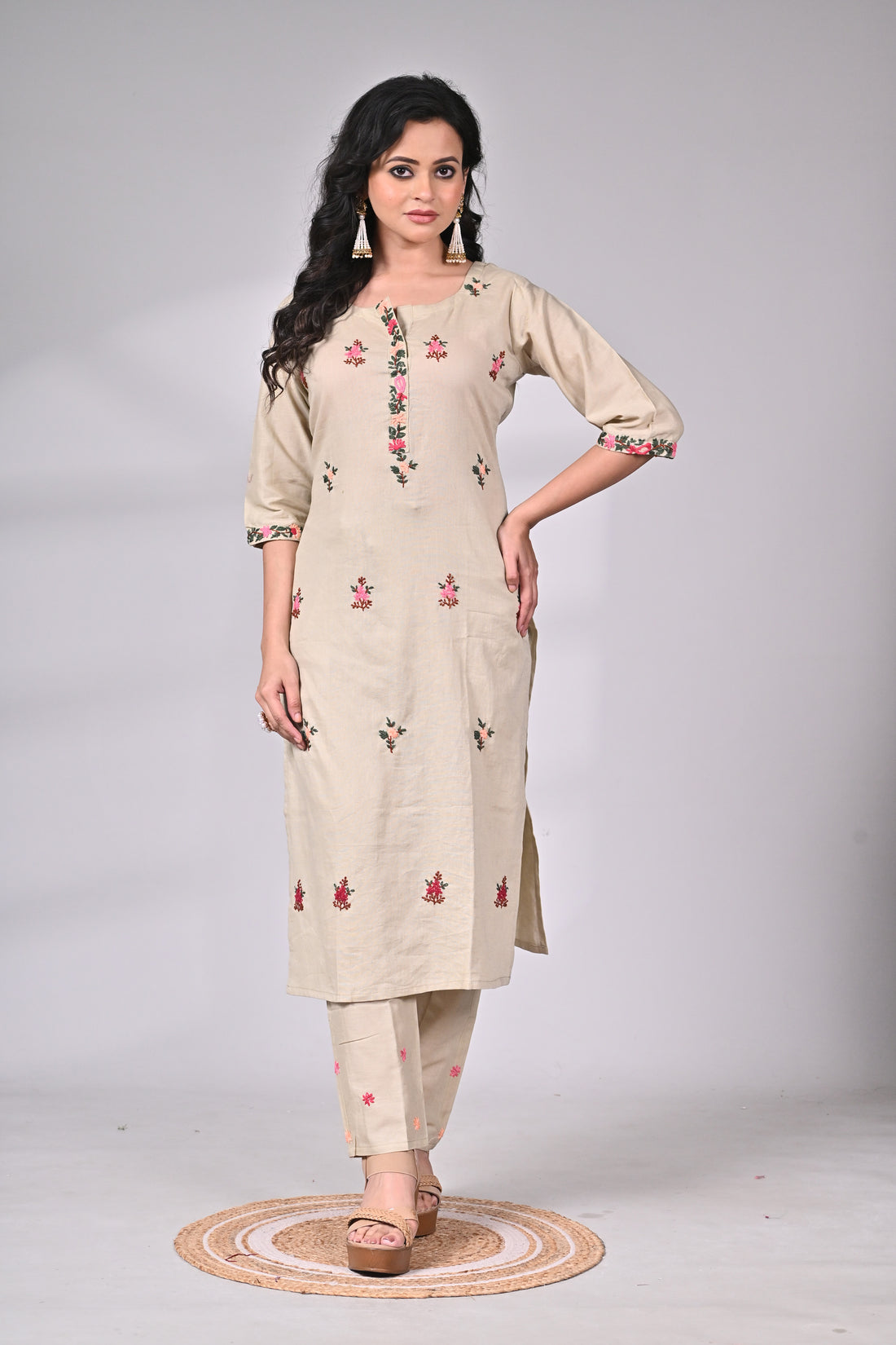 Beige Cotton Suit Set with All-Over Hand Embroidery