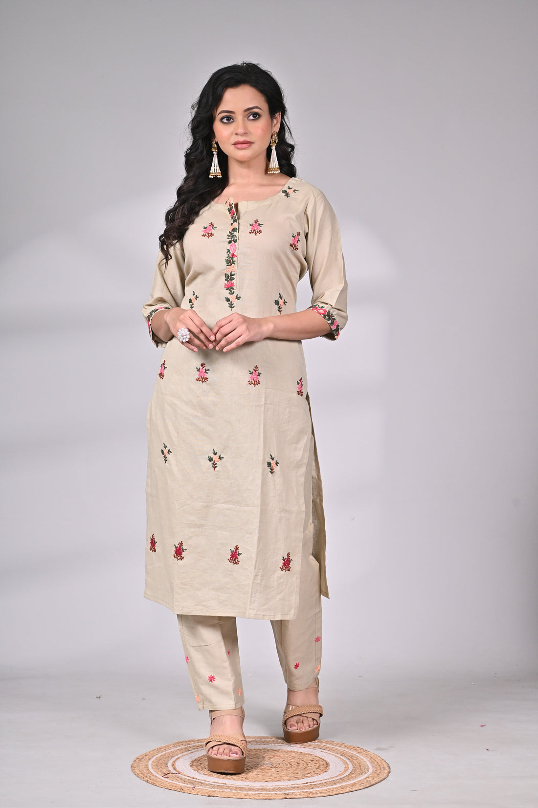 Beige Cotton Suit Set with All-Over Hand Embroidery
