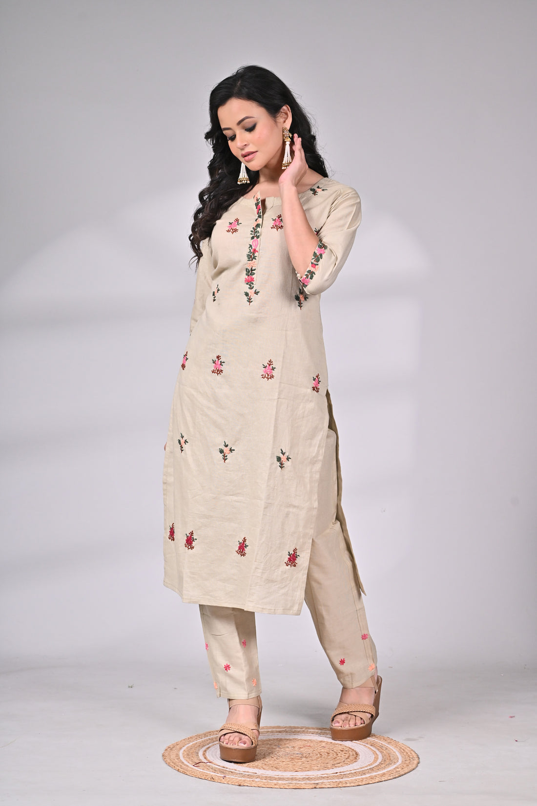 Beige Cotton Suit Set with All-Over Hand Embroidery