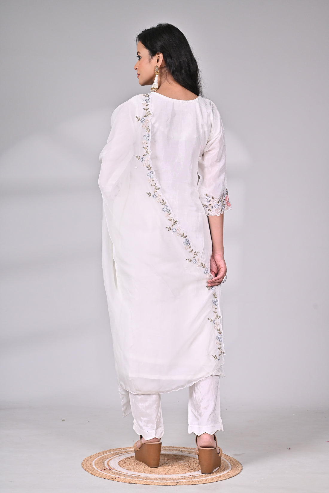 White Silk Blend Suit Set with Hand Embroidery and Dupatta Detailing