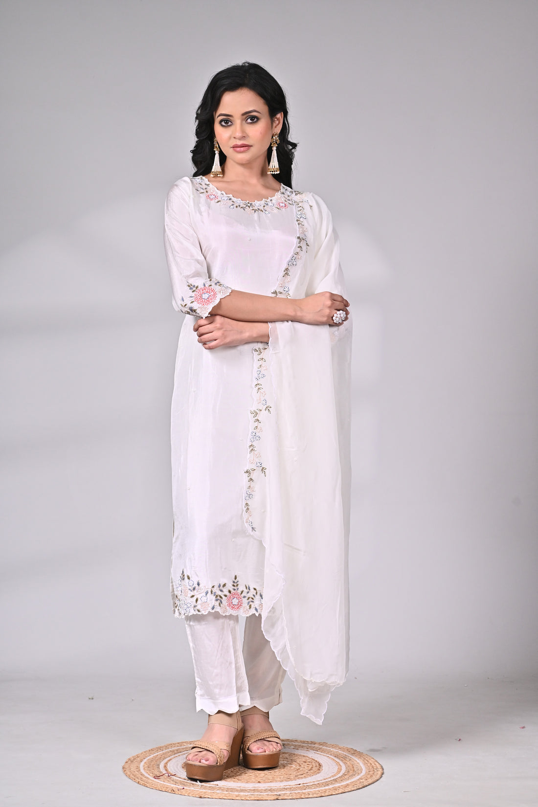 White Silk Blend Suit Set with Hand Embroidery and Dupatta Detailing